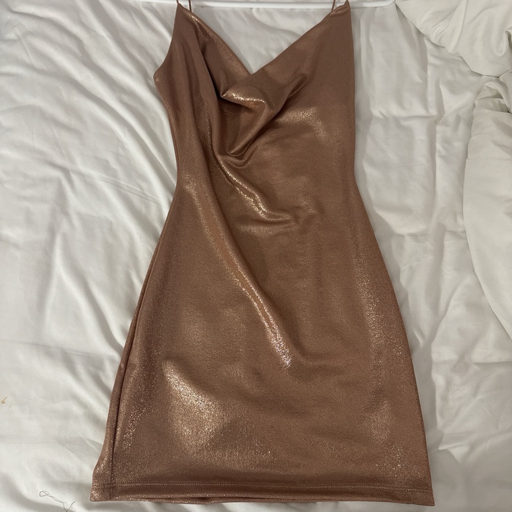 Windsor Metallic Copper Cowl Mini Dress